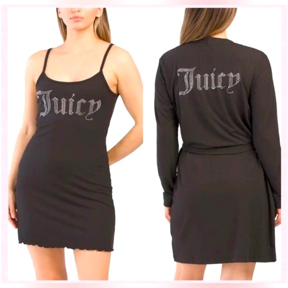 JUICY COUTURE Ribbed Chemise And Robe 2 piece Set /Black Silver Rhinestone Logo - Picture 1 of 5